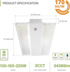 ASD LED Linear High Bay Light Fixture, Commercial Shop Lighting | 3CCT, Dimmable, Power Adjustable, DLC Premium, UL Listed | 220W 34000LM 3500-5000K 200-480V | Warehouse, Garage, Workshop Lamp | White