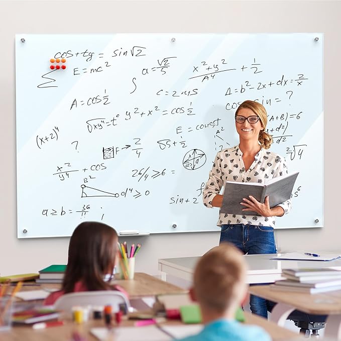 MaxGear Glass Whiteboard 72" x 48"(6' x 4') Wall Mounted, Magnetic White Board with 1 Eraser, 1 Accessory Tray, 4 Markers and 6 Magnets, Extra Large Frameless Dry Erase Board for Office, School, Home