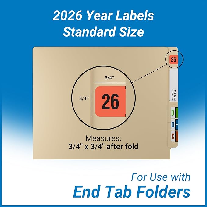 2026 Year Labels, Doctor Stuff 2026 Chart Stickers, Fluorescent Red Color Coded, USA Made Year Stickers for End Tab File Folders, 500 Labels/Roll in a Dispenser Box, 3/4" x 1-1/2"