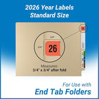 2026 Year Labels, Doctor Stuff 2026 Chart Stickers, Fluorescent Red Color Coded, USA Made Year Stickers for End Tab File Folders, 500 Labels/Roll in a Dispenser Box, 3/4" x 1-1/2"