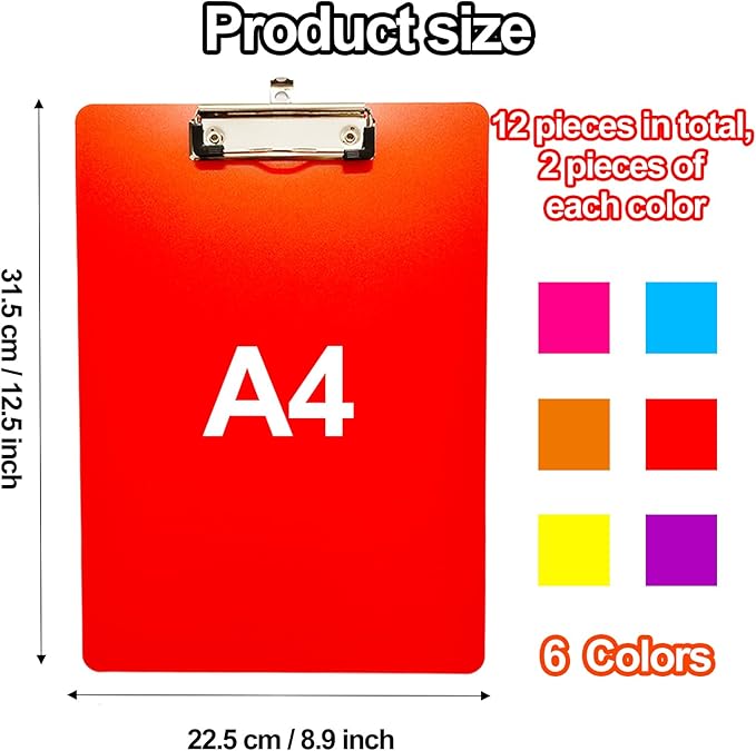 12 Pack Plastic Clipboards,Office Clipboards Standard A4 Letter Size,Colorful Clear Clip Boards with Hangable Low Profile Clip,Clipboard for Classrooms,Offices,Doctor,Nurse,Colored Assorted