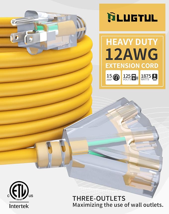 15Ft 12/3 Outdoor Extension Cord with 3-Outlets, Heavy Duty 12 Guage 3 Prong Extension Cord Waterproof with Lighted end, 15A 12AWG 1875W SJTW, ETL Listed - Great for Garage, Garden and Home, Yellow