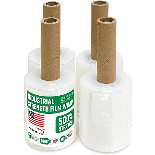 5" x 1000' Industrial Strength Mini Stretch Wrap with Extended Core Handles, Ready to Use Pack of 4 Clear Stretch Film Rolls, 80 Gauge, 500% Elongation - Shrink Wrap for Moving, Packing