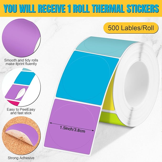 Ctosree 500 Pcs/ 1 Roll Thermal Sticker Labels Self Adhesive Direct Thermal Labels Multipurpose Printer Stickers for DIY, Name Tag(Round,1.5 Inches,Vibrant Color)