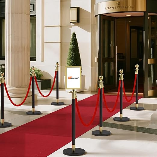 kaiyomi 6Pcs Stanchions Posts Velvet Ropes with Red Carpet and Sign Frame, Water or Sand-Fillable Base, Suitable for 8.5" x 11" A4 Paper Size Sign Frame for Red Carpet Party Decoration (Black&Golden)