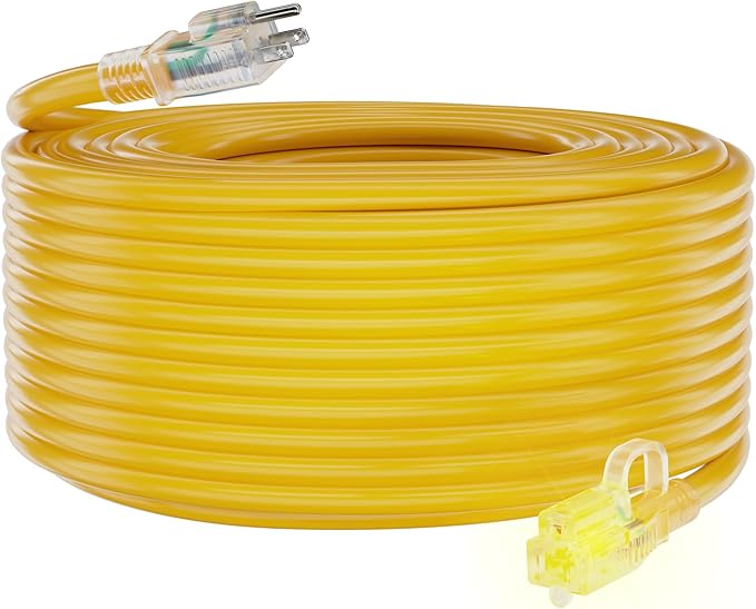 HUANCHAIN 12/3 Gauge Heavy Duty Outdoor Extension Cord 100 ft Waterproof with Lighted end, Flexible Cold-Resistant 3 Prong Electric Cord Outside, 15Amp 1875W 12AWG SJTW, Yellow, ETL