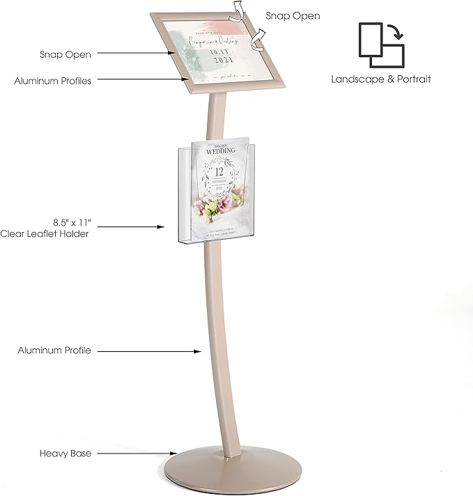 M&T Displays Curved Menu Board, 8.5x11 Inch Pedestal Sign Holder with 8.5x11 Inch Brochure Holder Pale Rose Floor Standing Aluminum Front Loading Easy Open Poster Message Advertisement Post