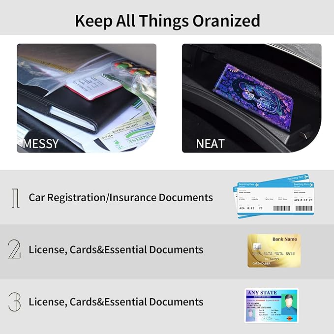 Car Registration and Insurance Holder, Leather Car Glove Box Organizer, Cool Car Accessories for ID, Driver's License Cards & Essential Document,business cards,Men&WomenBlacklight Skeleton Flower
