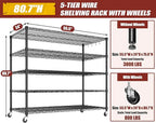 PrimeZone 5 Tier 80.7"H x 55.5"W x 24"D Wire Shelving with Wheels 3000lbs NSF Certified Storage Shelves Heavy Duty Metal Shelf Adjustable Rolling Rack Commercial Garage Restaurant Warehouse Kitchen