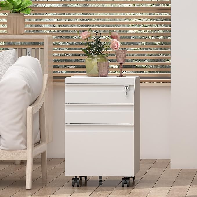 3 Drawer File Cabinet on Wheels,25.6" H White Filing Cabinet with Lock,Under Desk Metal File Cabinet for Home Office Organizer Letters/Legal/A4(Assembly Required)