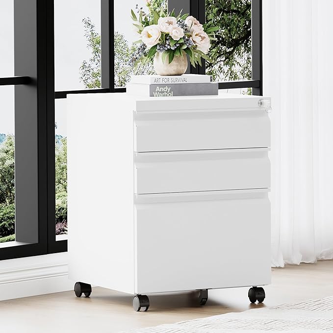 3 Drawer File Cabinet，Mobile Filing Cabinet with Lock and Wheels，Un-Assembled Metal Under Desk File Cabinets for A4/Letter/Legal Size（White
