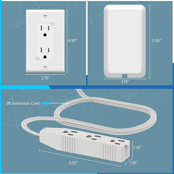 LIDER Flat-Face Outlet Extender with 3 Receptacles, Ultra-Thin Wall Plate Plug with Cord Extender and 3-Outlet Power Strip, 3ft Cord, LWE3-315-W3P, ETL-Listed, White, 3 Pack