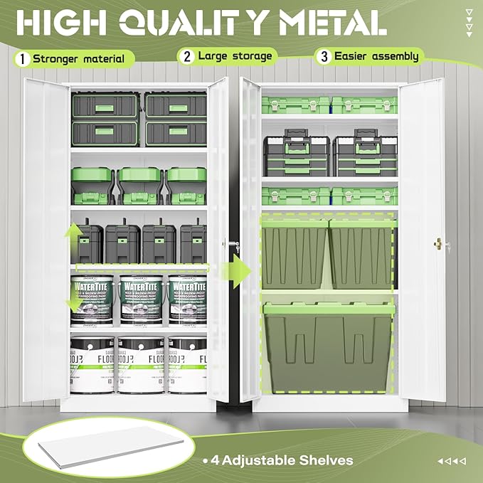 Crownland 72" Lockable Metal Storage Cabinet, Garage Storage Cabinets, High Office Cabinet with Adjustable Shelves for Garage, Home Office,Pantry, File(White)