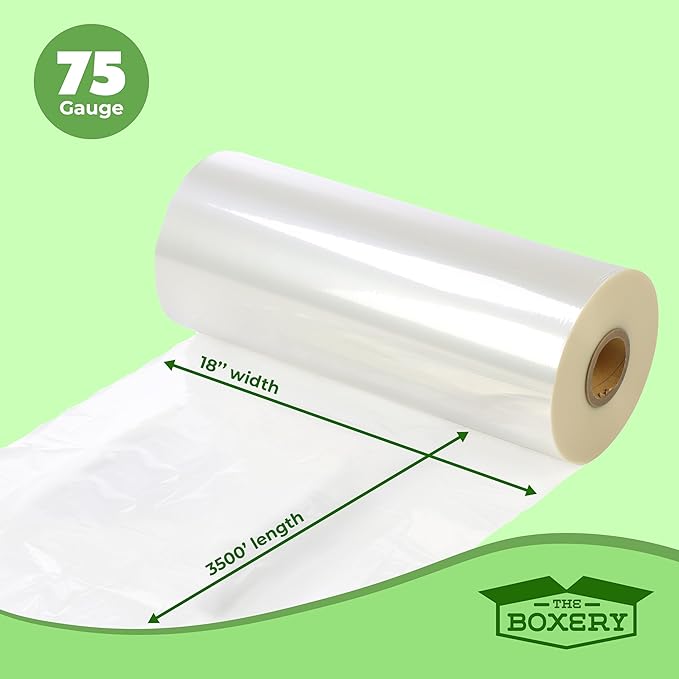 The Boxery Shrink Wrap Film 18" x 42000” (3500’) Heat Wrap POF Centerfold - Polyolefin 75 Gauge - Heavy Duty Grade Heat Shrinkable Film for Packaging - Small Business, Toys, Books, and Much More.