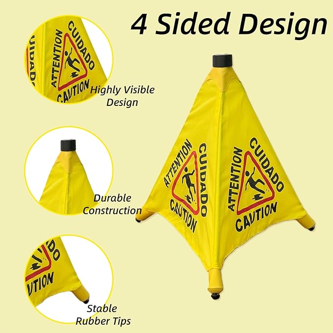 Wet Floor Signs - 2PCS Pop UP Bilingual Yellow Cones Wet Floor Sign with Wall Mounted Storage Tube Foldable, Slip Carefully Safety Cone Signs For Commercial & Office