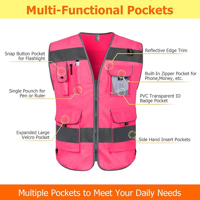 TCCFCCT Safety Vest 9 Pockets High Visibility Reflective Safety Vest for Men Women, Hi Vis Work Vest with Reinforced Sewing, Durable to Use, Meets ANSI/ISEA Standards, (Pink, 3X-Large)