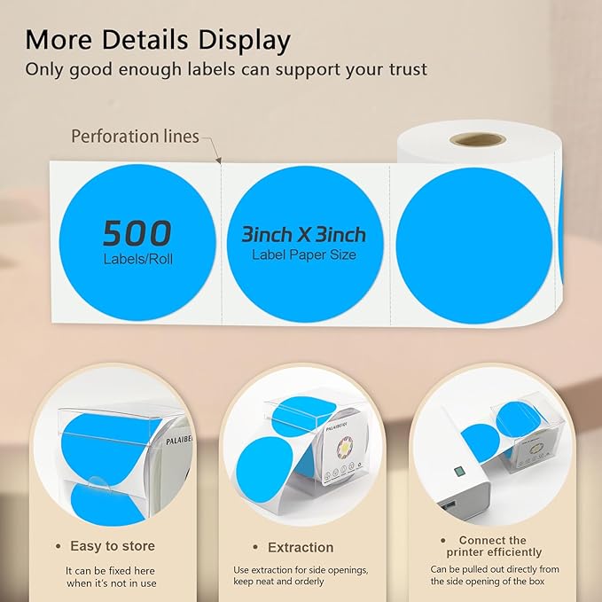 3 X 3 Inch Round Thermal Labels Circle Color Coding Labels Printable Waterproof 500PCS Round Stickers Adhesive Writable for Office, Garage, DIY Sticker, Barcodes, Name Tag, Fluorescent Blue