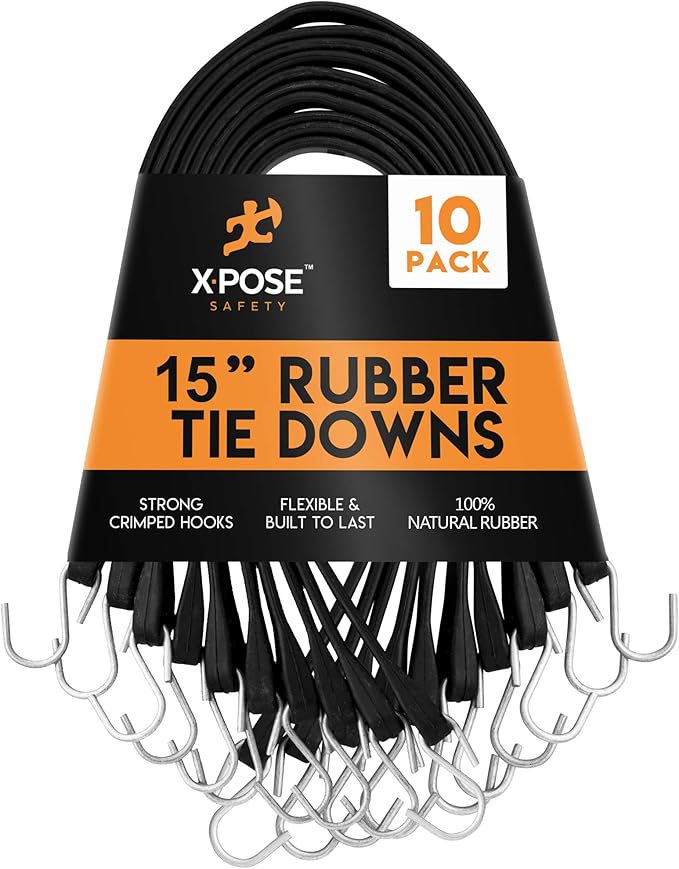 Rubber Bungee Cords with Hooks 10 Pack 15 Inch (23” Max Stretch) - Heavy-Duty Black Tie Down Straps for Outdoor, Tarp Covers, Canvas Canopies, Motorcycle, and Cargo - by Xpose Safety