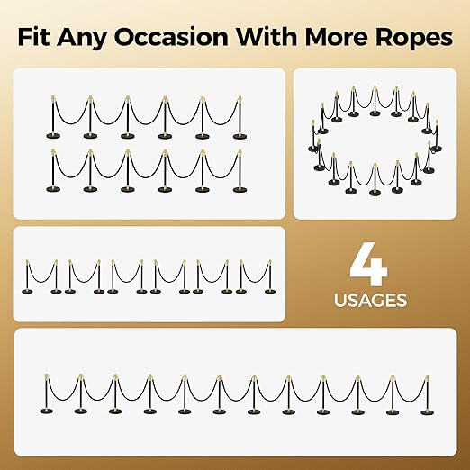 16pcs Sturdy Stanchion Posts, 16pcs High Quality Black Velvet Ropes, Water/Sand/Concrete Fillable Leakproof Base, Crowd Control Barriers for Birthday, Prom, Business, Wedding, Red Carpet