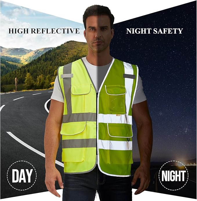 SIFE Reflective Safety Vest High Visibility Vest With 7 Pockets And YKK Zipper, ANSI/ISEA Class 2 Standard, Made With 3M Reflective Tape(03Y-Yellow,XL)
