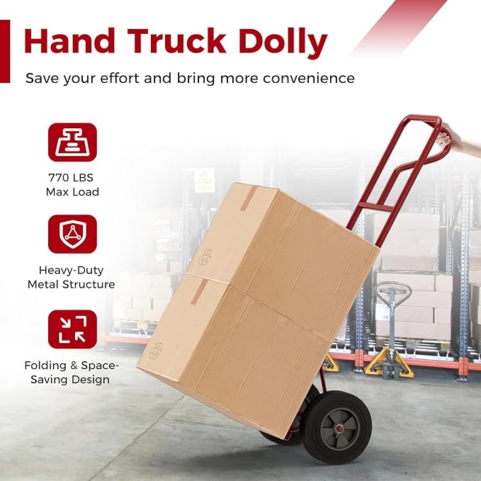 Goplus Hand Truck, P-Handle Hand Truck Dolly w/770LBS Capacity, Vertical Loop Handle, 10” Rubber Wheels, 14.5”x 8.5” Foldable Nose Plate, Heavy Duty Metal Dolly Cart for Lifting, Stairs