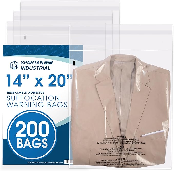 Spartan Industrial - 14” X 20” (200 Count) Self Seal Clear Poly Bags with Suffocation Warning for Mailing, Packaging, and Clothes - Resealable Glue
