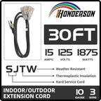 3-Outlets Indoor Outdoor Extension Cord Weatherproof with Lighted End, UL Listed, 10 Gauge 30FT Black 3 Prong Heavy Duty, 10/3 SJTW 15A Power Cord