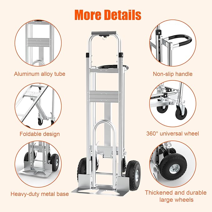 3in1 Convertible Hand Truck Dolly Cart, 880 lb Aluminum Hand Trucks Heavy Duty Furniture Appliance Dolly W/10 Wheels,Utility Cart for Transport & Moving Office, Home & Warehouse Use (Silver)