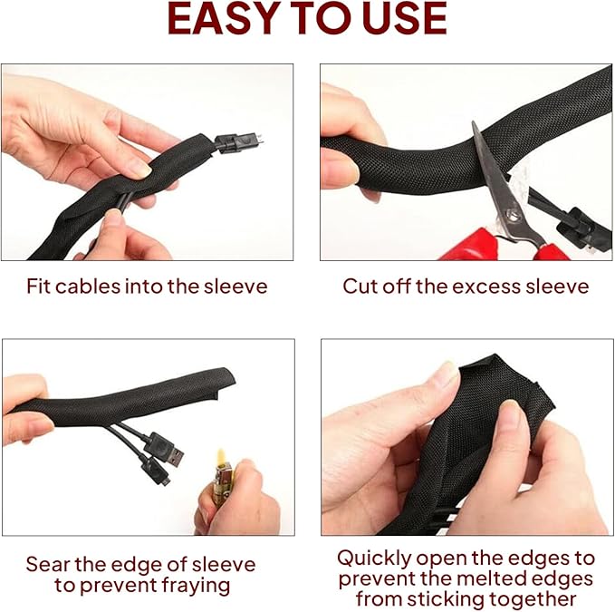 Black Braided Cable Management Sleeves Wire Loom Tubing Cord Protector Self-Wrapping (1"-15Feet)