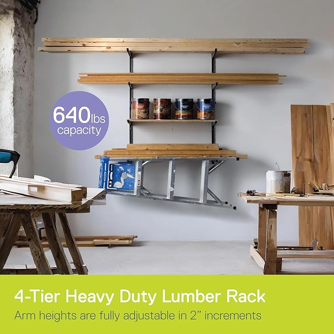 Heavy Duty 4-Tier Lumber Storage Rack by Delta Cycle, Holds Up To 640 lbs - Wood Storage Rack With Fully Adjustable Arms - Steel Construction Storage Solution For Garage, Basement & Pantry