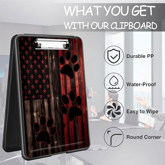Clipboard with Storage, High Capacity Plastic Storage Clipboard with Pen Holder for Women Teachers Work, School & Office Supplies, Cute Pattern Decorative Clipboards, Dog Paw American Flag