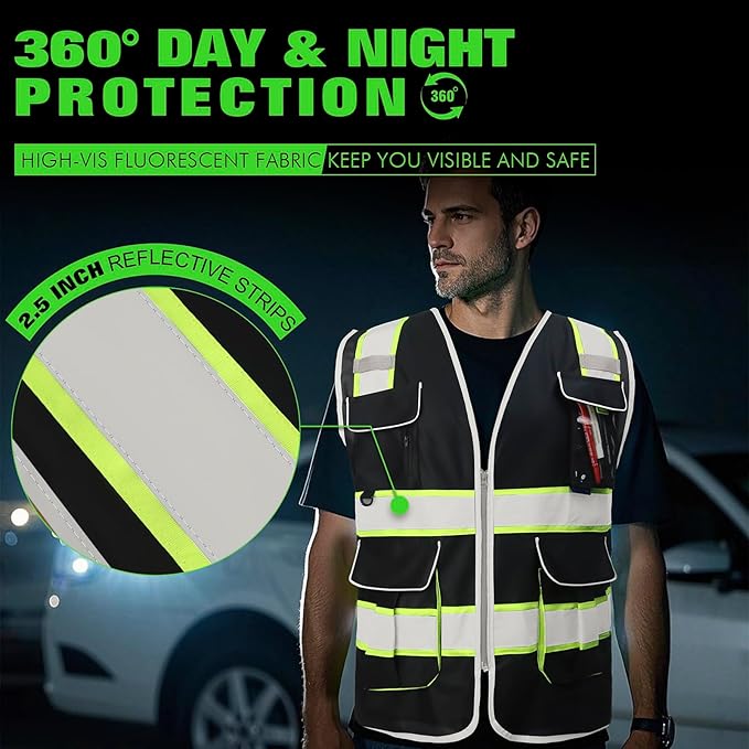 BeautyWill ANSI Certified Custom Logo Safety Vest 8-Pockets Class2 High Visibility Reflective Vest for Men - Personalized Logo Heavy-Duty Work Vest（Black，5Pack，L）