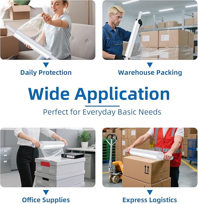 15in Stretch Wrap Roll with Handle, Heavy Duty 1200ft Shrink Wrap Roll, Clear 60 Gauge Industrial Strength Stretch Film with Extended Cardboard Handles, Plastic Wrap for Pallet Packing Moving(2 Rolls)