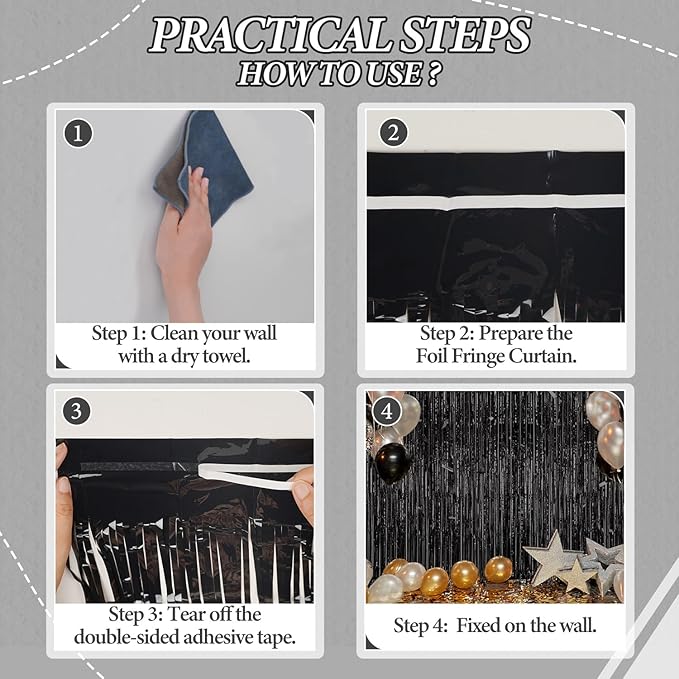 3 Pack Foil Fringe Backdrop - Black Shiny Tinsel Curtains for Party Decoration/Photo Booth Props - 3.3x8.2 FT Metallic Foil Backdrop for Birthday, Wedding, Graduation, Christmas.