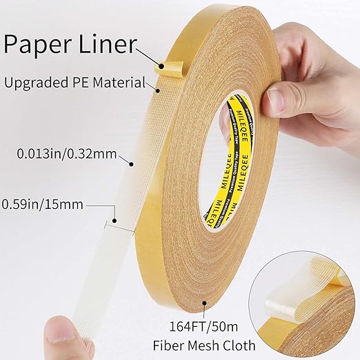 Double Sided Fabric Tape Heavy Duty, 0.59in x 164FT, Extra Large High Tack Mounting Tape, Sticky Strong 2 Sided Wall Adhesive Strips for Arts Crafts, Carpets, Rugs, Multipurpose, Easy Use