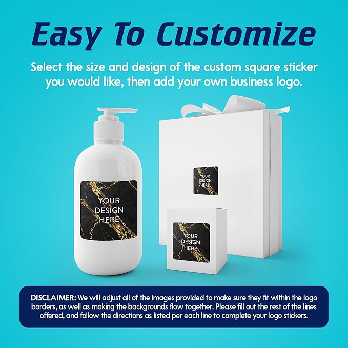 100 Custom Vinyl Stickers - Upload Your own Image, Text, Design, Logo - Personalized Logo Labels for Handmade, Packaging, Bottle, Jars, Candle, Brand Stickers (Black Gold Marble, 4x4 Square)