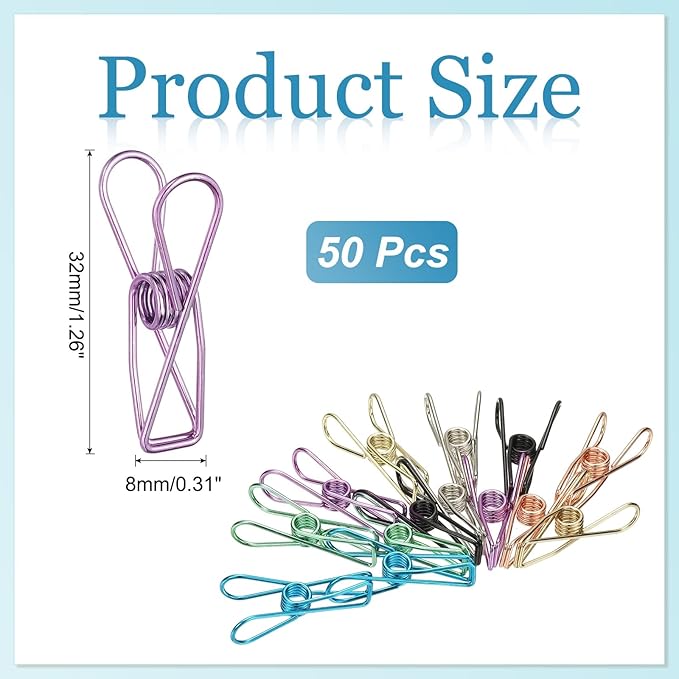 PATIKIL 50Pcs Paper Office Binder Clips, 1.26" Small Metal Wire Hollow Out Paper Clamps Long Tail Binder Clips for Photo Clothes Hanging Office Home Kitchen Food Package, Purple