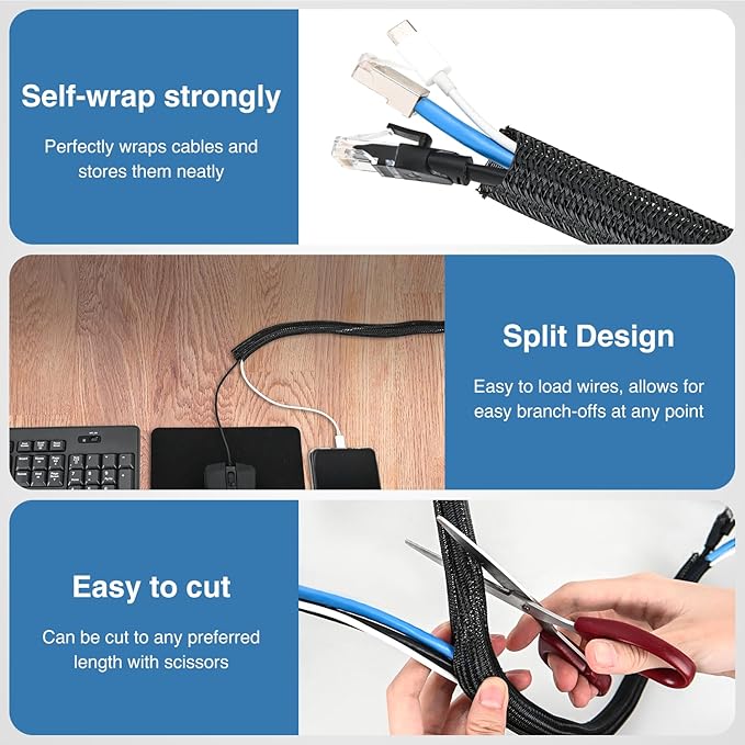 Nilight Cable Sleeve, 25ft-1/2inch Cord Management Sleeves, Braided Sleeving, Split Self Wrapping Wire Loom for Computer Electrical Automotive Harness Protector Organizer, Black