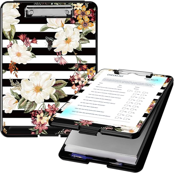 Clipboard with Storage, High Capacity Plastic Storage Clipboard with Low Profile Clip for Women Teachers Work, School & Office Supplies, Cute Pattern Decorative Clipboards, Flower