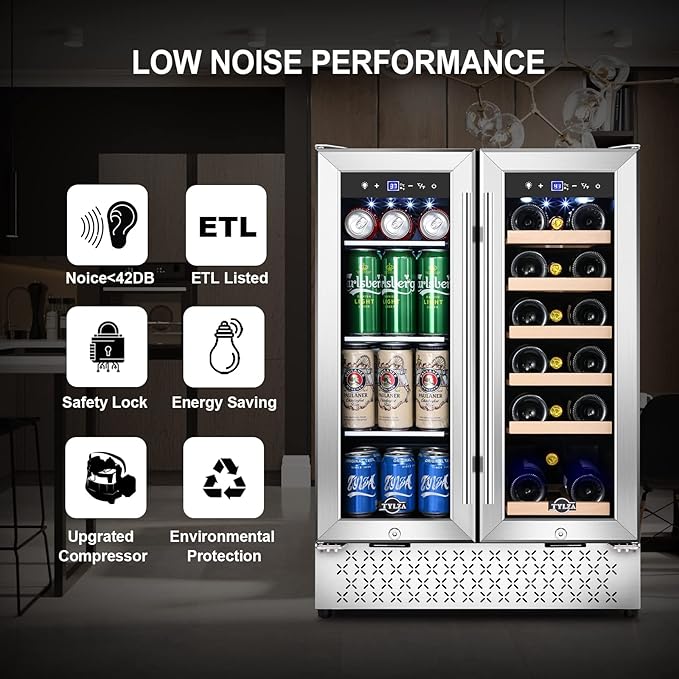 Tylza Wine and Beverage Refrigerator, 24 Inch Dual Zone Wine Fridge, Holds 20 Bottles and 88 Cans, French Doors, Lock, Under-counter or Freestanding Wine Cooler, Beverage Fridge with Tempered Glass