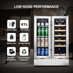 Tylza Wine and Beverage Refrigerator, 24 Inch Dual Zone Wine Fridge, Holds 20 Bottles and 88 Cans, French Doors, Lock, Under-counter or Freestanding Wine Cooler, Beverage Fridge with Tempered Glass