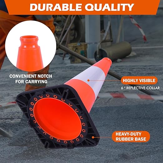 6 Pack 18 Inch Orange Reflective Traffic Cones, Black Base PVC Safety Cones for Construction Sites, Parking Control and Hazard Marking (6, Orange, 18 Inch)