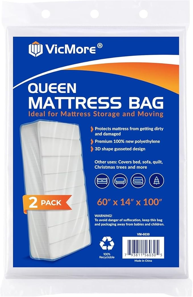 VICMORE 2 Pack Queen Mattress Bags for Moving, Storage & Disposal – Clear Heavy-Duty Plastic Covers, Tear-Resistant & Dustproof, Recyclable (Fits Queen Beds)