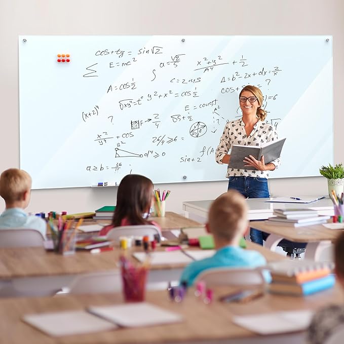 MaxGear Glass Whiteboard 96x48 Inches Wall Mounted, Magnetic White Board with 1 Eraser, 1 Accessory Tray, 4 Markers and 6 Magnets, Extra Large Frameless Dry Erase Board for Office, School, Home