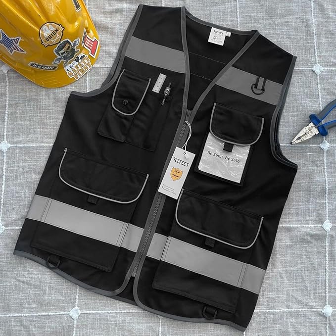 TCCFCCT Black Safety Vest for Men Women 9 Pockets High Visibility Reflective Vest for Safety, Work Vest with Reflective Strips, Meets ANSI/ISEA Standards, Large