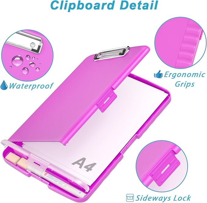 Rimilak Plastic Clipboard with Storage, 8.5 x 11 High Capacity Folio Nursing Case with Pen Holder, Size 14.2 x 9.6 x 1.2″ Folder Side-Opening for Classroom, Teacher, Smooth Writing, Magenta