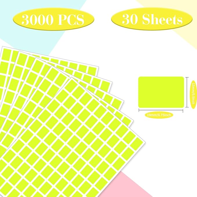 Starboling Color Coding Labels,3000 PCS 1/2" x 3/4" Fluorescent Yellow Rectangular Label,for Garage Sale,Price Tags,File Folder Tabs