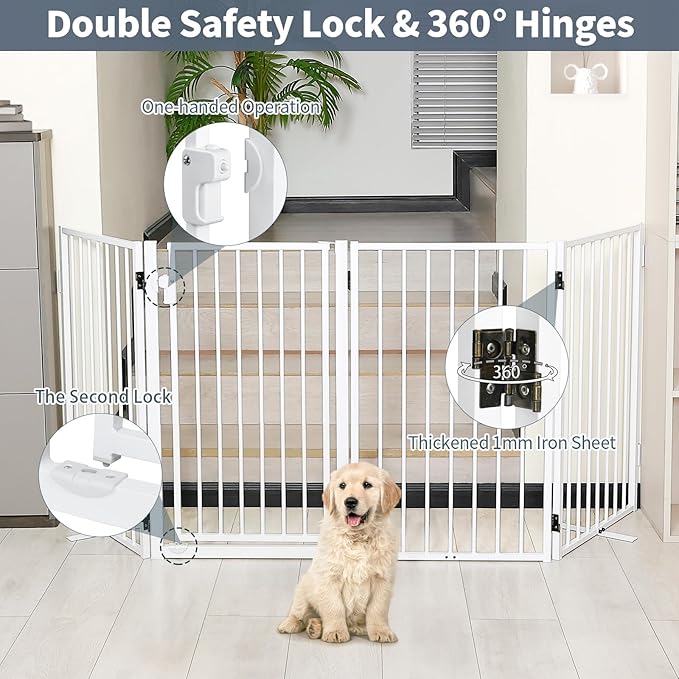 Metal Freestanding Dog Gates with Door for Outdoor Indoor,40'' Extra Wide 32'' Tall Free Standing Dog Gate for Doorways,Large Openings,Deck,Yard,Porch,Foldable Safety Pet Fence(White,2 Panels)