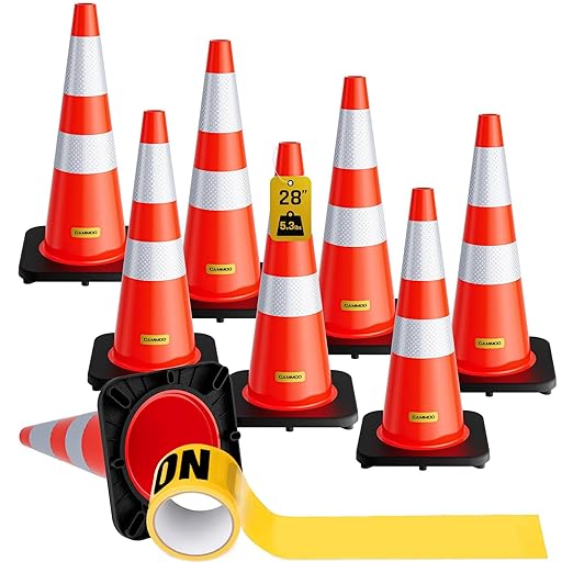 8 Pack 28 Inch Traffic Cones with Black Base, from -22℉ to 131℉, MUTCD-Compliant Orange Safety Cone with Reflective Collar ＆ Extra Caution Tape for Parking Lot, Construction Work, Road Safety