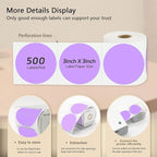 3 X 3 Inch Round Thermal Labels Circle Color Coding Labels Printable Waterproof 500PCS Round Stickers Adhesive Writable for Office, Home, Garage, DIY Sticker,Barcodes,Name Tag, Light Purple